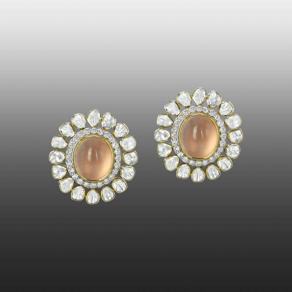 Peach Cabochon Earrings with Open Polki Halo Design